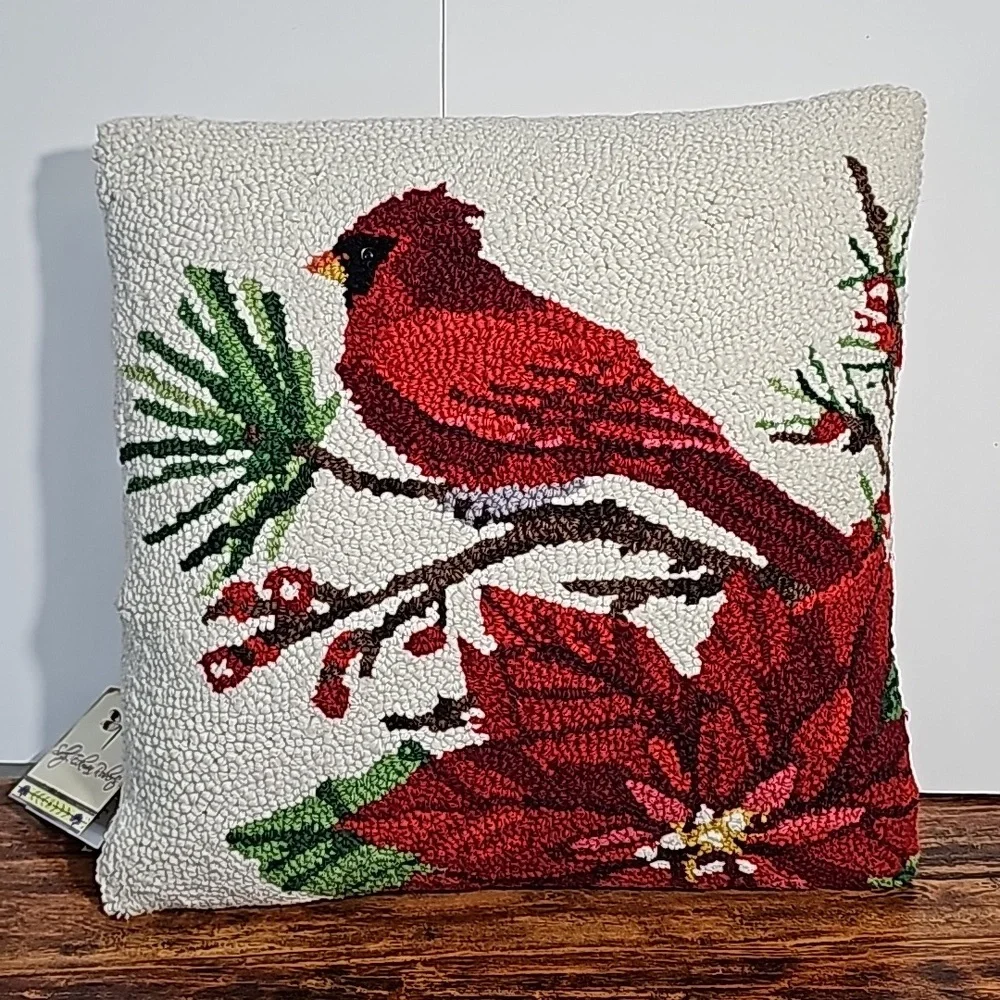 NWT Sally Eckman Roberts Winter Song Cardinal Bird Needlepoint Hook Pillow 16x16 - Picture 1 of 5